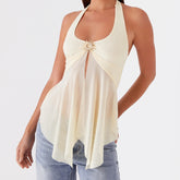 BXOXO Sexy Tie-up V Neck Backless Flowy Split Hem Crop Top Women Y2K Mesh Halter Camis Summer Vest Coquette Club Party Rave